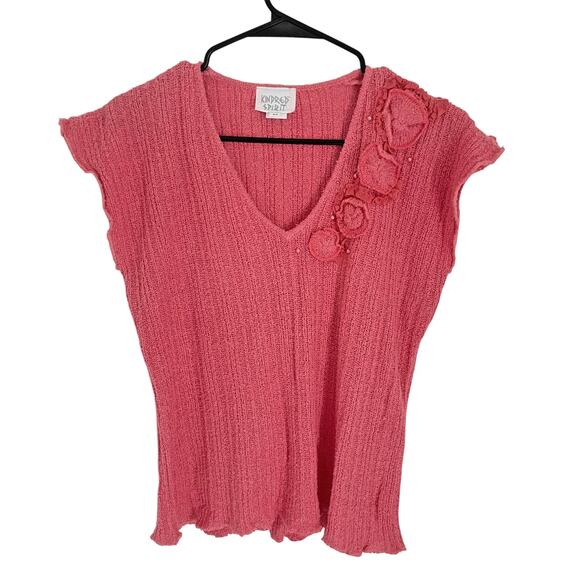 Y2K Knit Top M Floral Appliqué Silk Linen Festival Fairy Coquette Cottage Boho - Picture 1 of 7